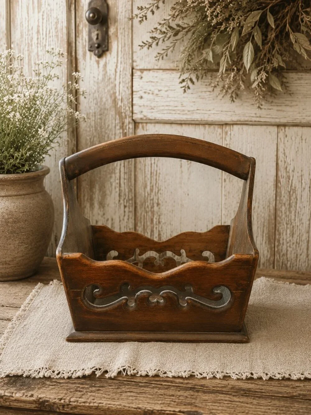 Vintage Primitive Handmade Wooden Basket With Intricate Cut-Out Details